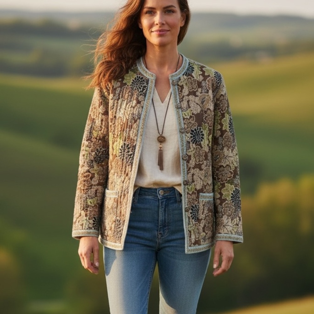 BOHO QUILTED REVERSIBLE JACKET BUTTON CLOSURE POCKETS EARTH TONE FLORAL HIPPIE